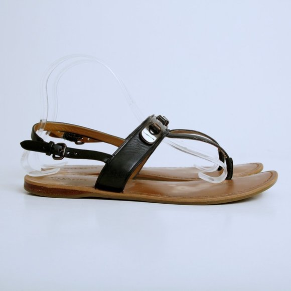 Coach Gracie Vintage Calf Turn Lock Semi Matte T Strap Sandal Black Women Size 8 - Picture 1 of 13